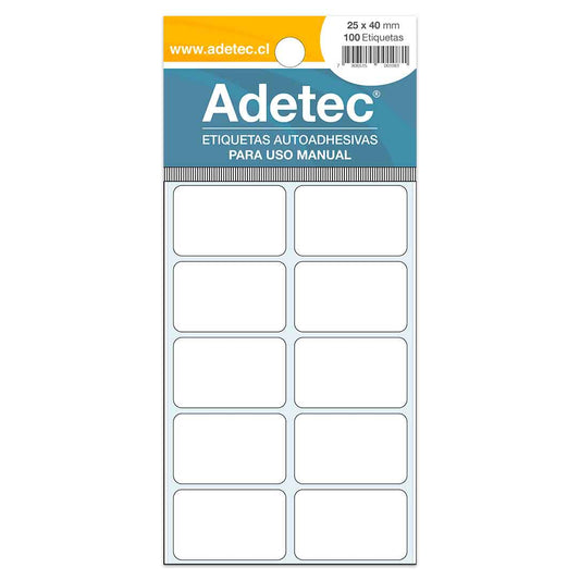 ETIQUETA RECTANGULAR BLANCA 25X40 MM 100 UNIDADES ADETEC