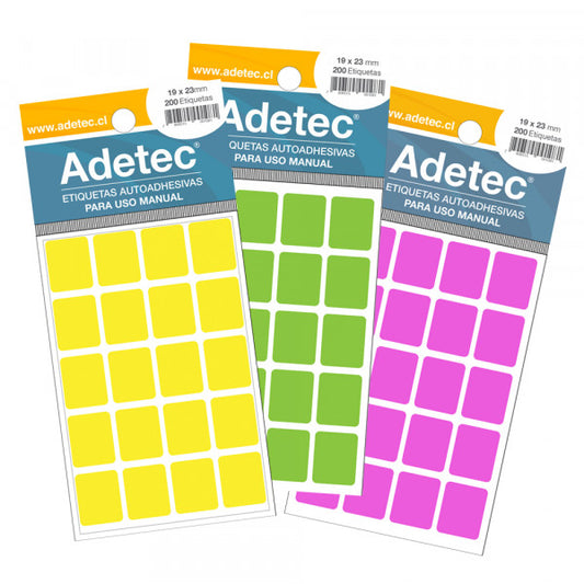 ETIQUETA RECTANGULAR FLUOR 19X23 MM 200 UNIDADES ADETEC